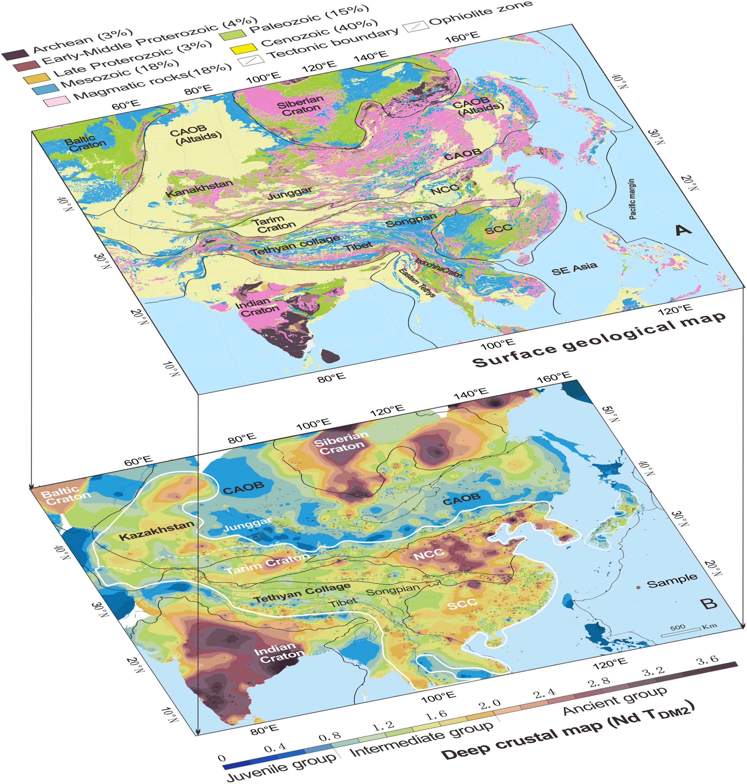 Comparative analysis of surface geology and deep-seated crustal compositional (TDM2) across Asia.