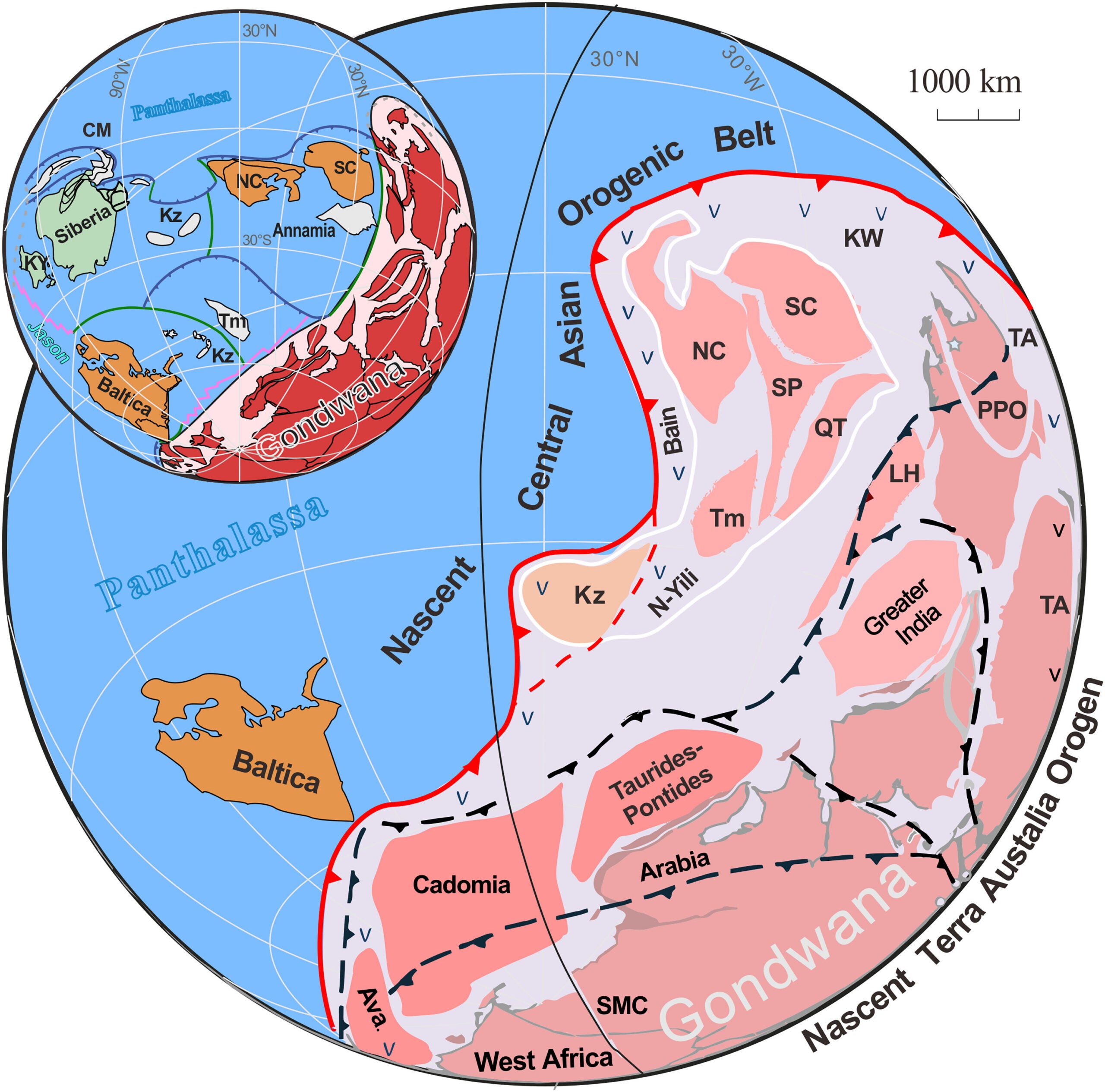 Reconstruction of Greater Gondwana at ca. 500 Ma or at 550 to 500 Ma compared with conventional paleogeographic interpretations (inset).