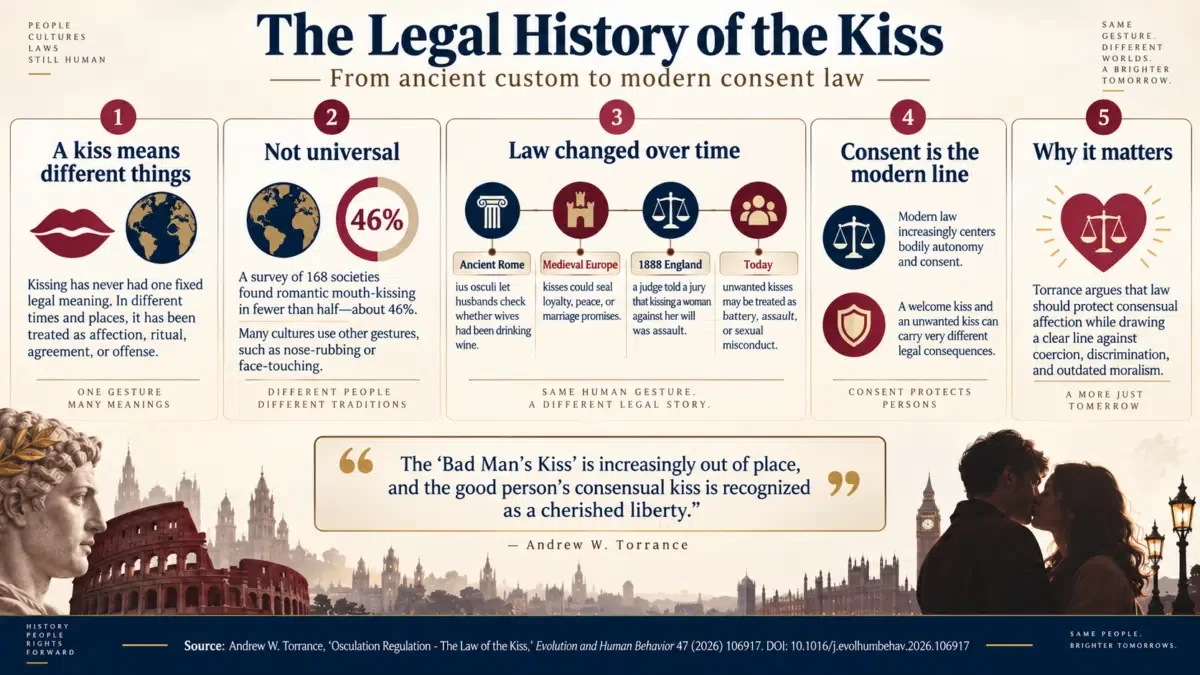 From Roman sobriety tests to modern assault law, a new analysis shows how differently the law has treated a kiss.