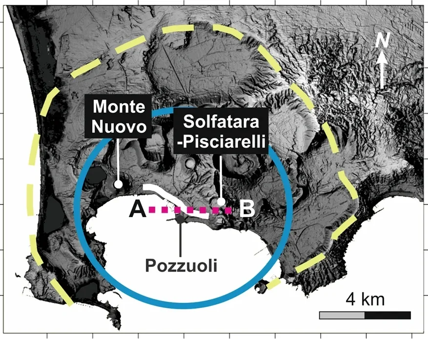 Ground movement has occurred across the central 80 km2 (blue ellipse) of the caldera (dashed outline).