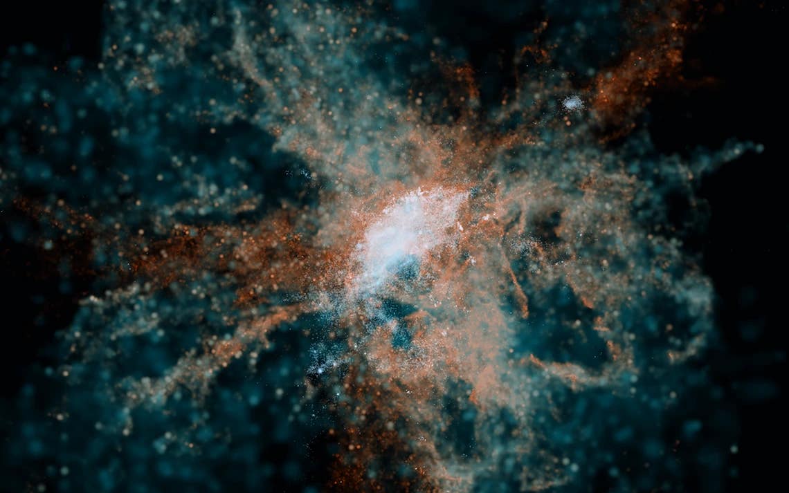 Artist's visualization of an early galaxy and its surrounding gaseous environment. The orange structures represent metal-enriched gas being expelled from the galaxy, illustrating how young galaxies began dispersing heavy elements into their surroundings within the universe's first 500 million years. The visualization is based on publicly available FIRE-2 cosmological simulation data and is not a direct telescope image.