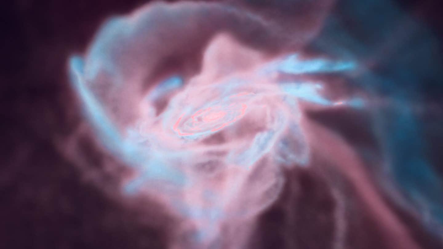 Visualization of the simulation by ATERUI III showing a rapidly growing black hole surrounded by gas. Red indicates areas of higher temperature.