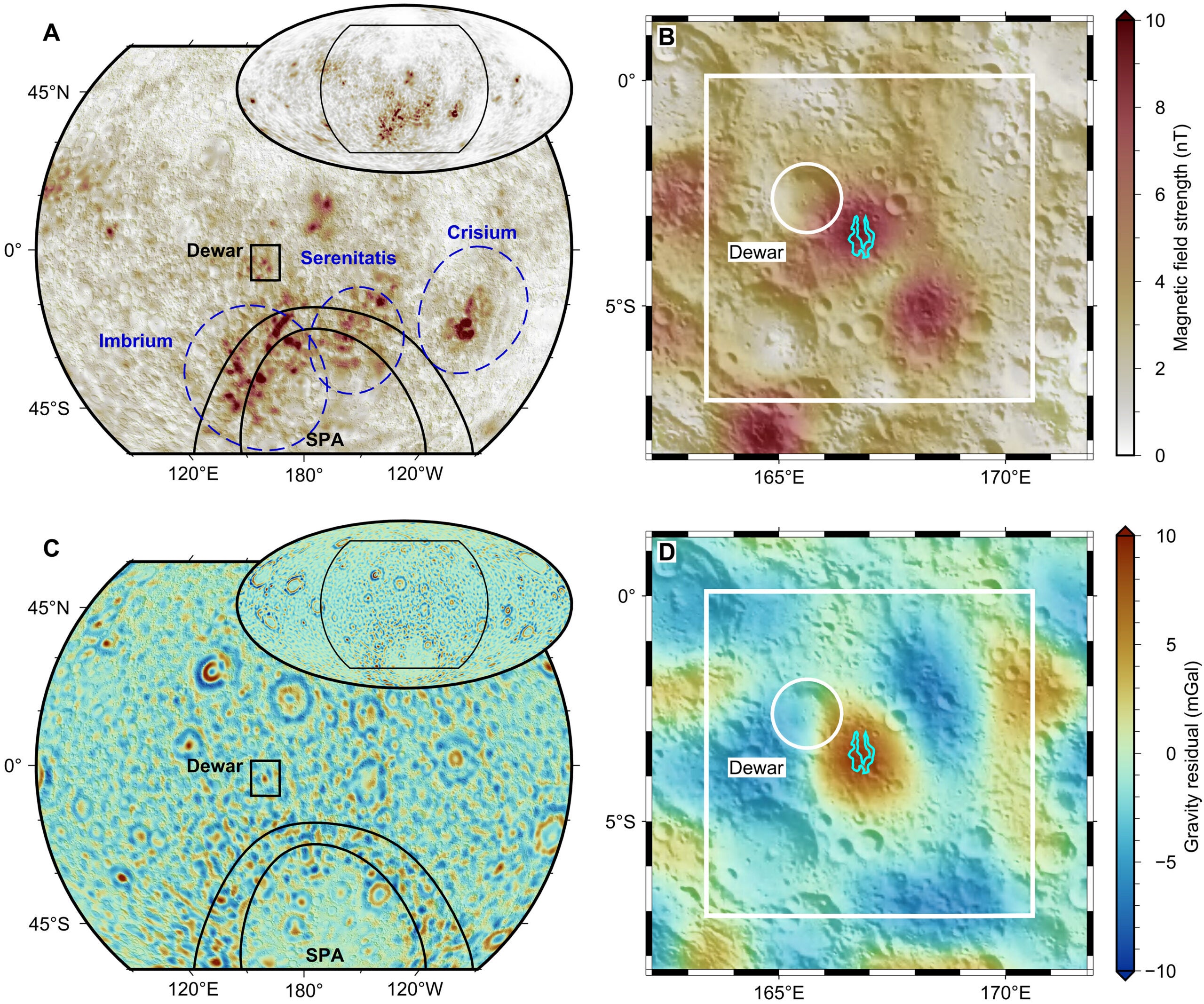Magnetic field strength and gravity residual at 30 km altitude.