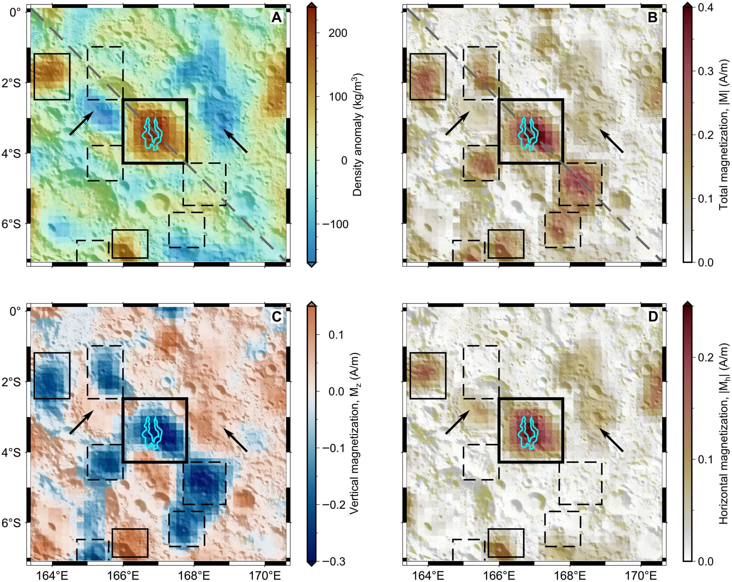 Magnetization and density surrounding the Dewar swirl at 1-km depth.