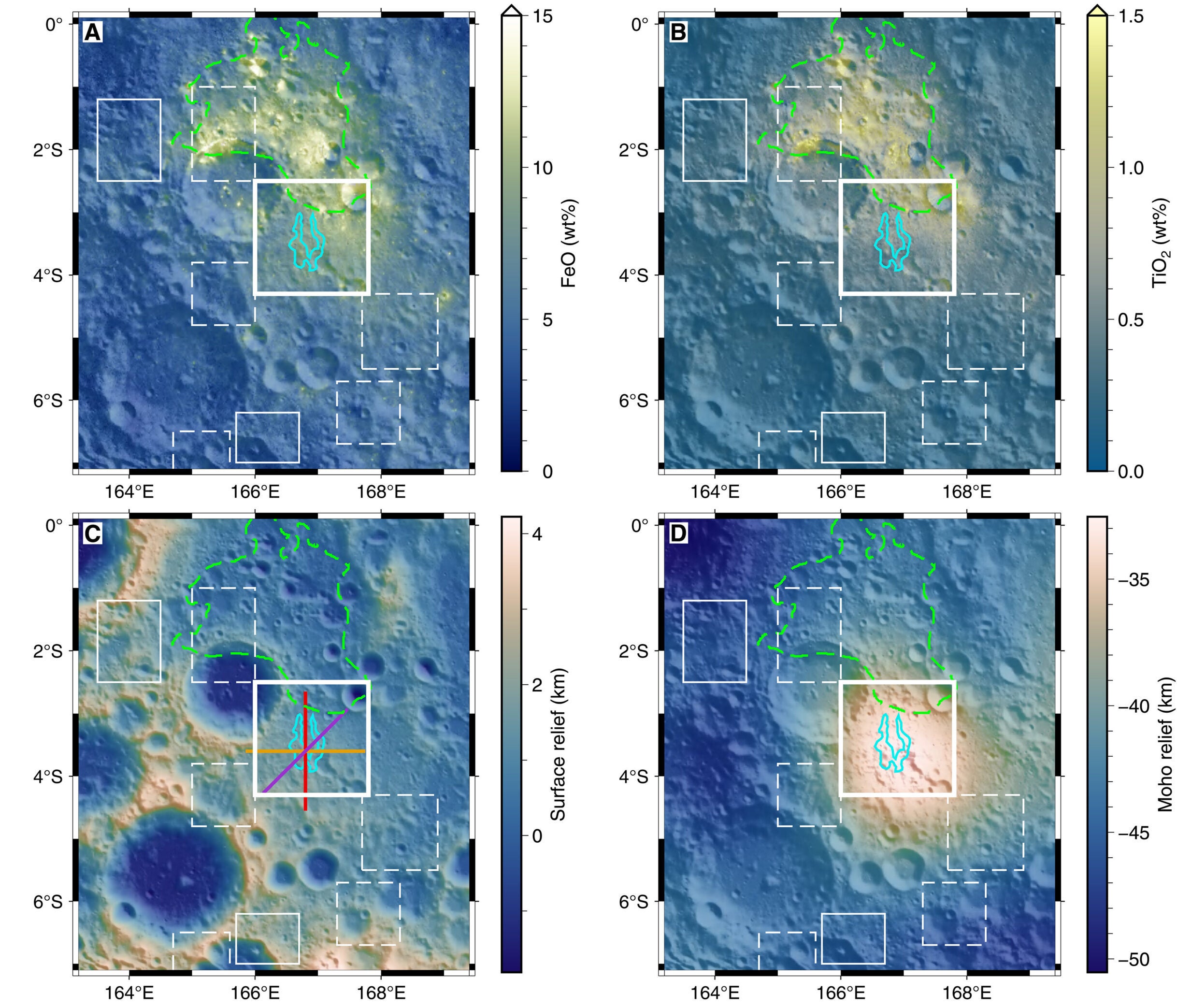 Maps of the region surrounding the Dewar swirl. Surface abundance of (A) FeO and (B) TiO2, (C) topography, and (D) Moho relief.