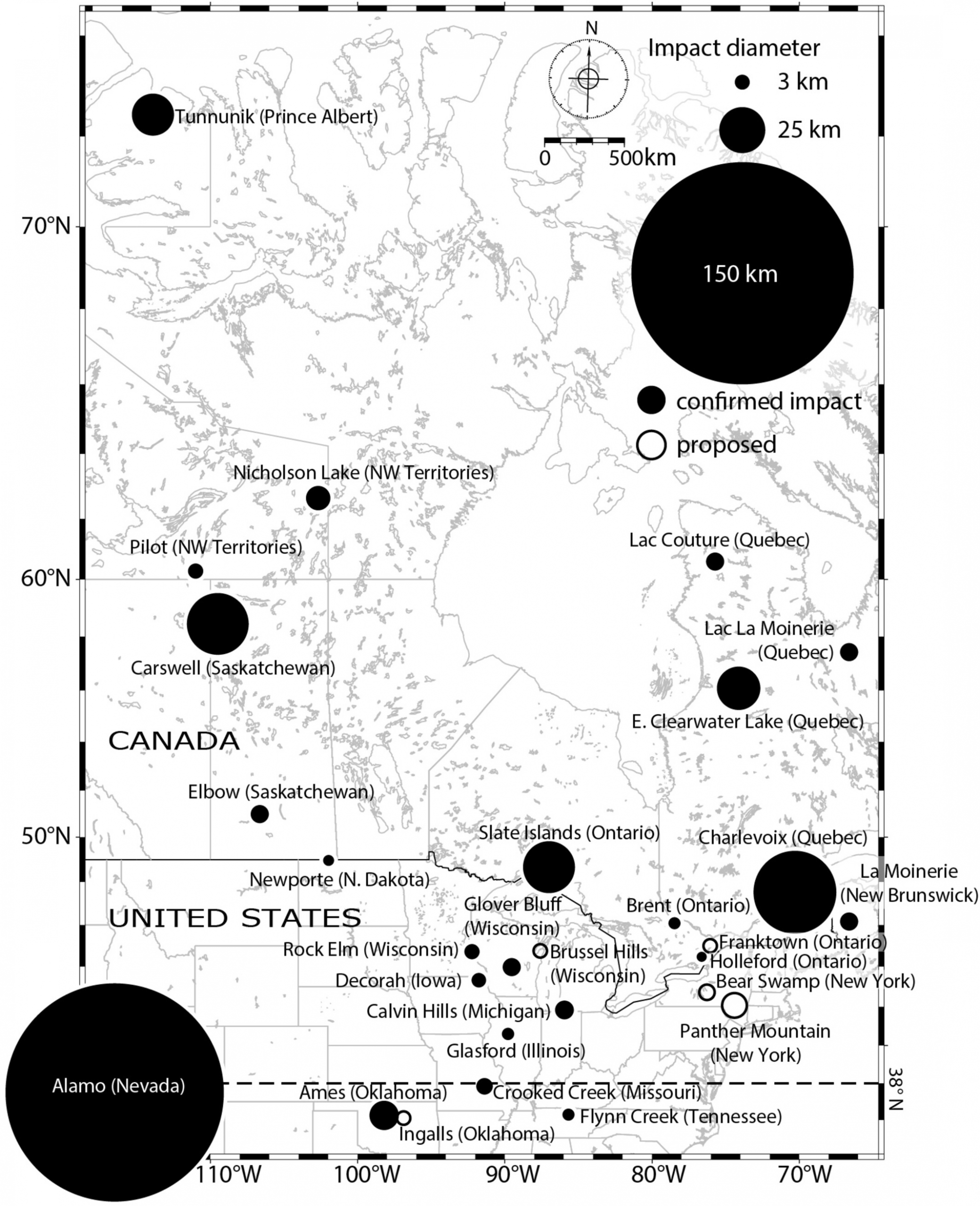 A map of upper North America shows the approximate area and location of impact structures from about 486-360 million years ago.