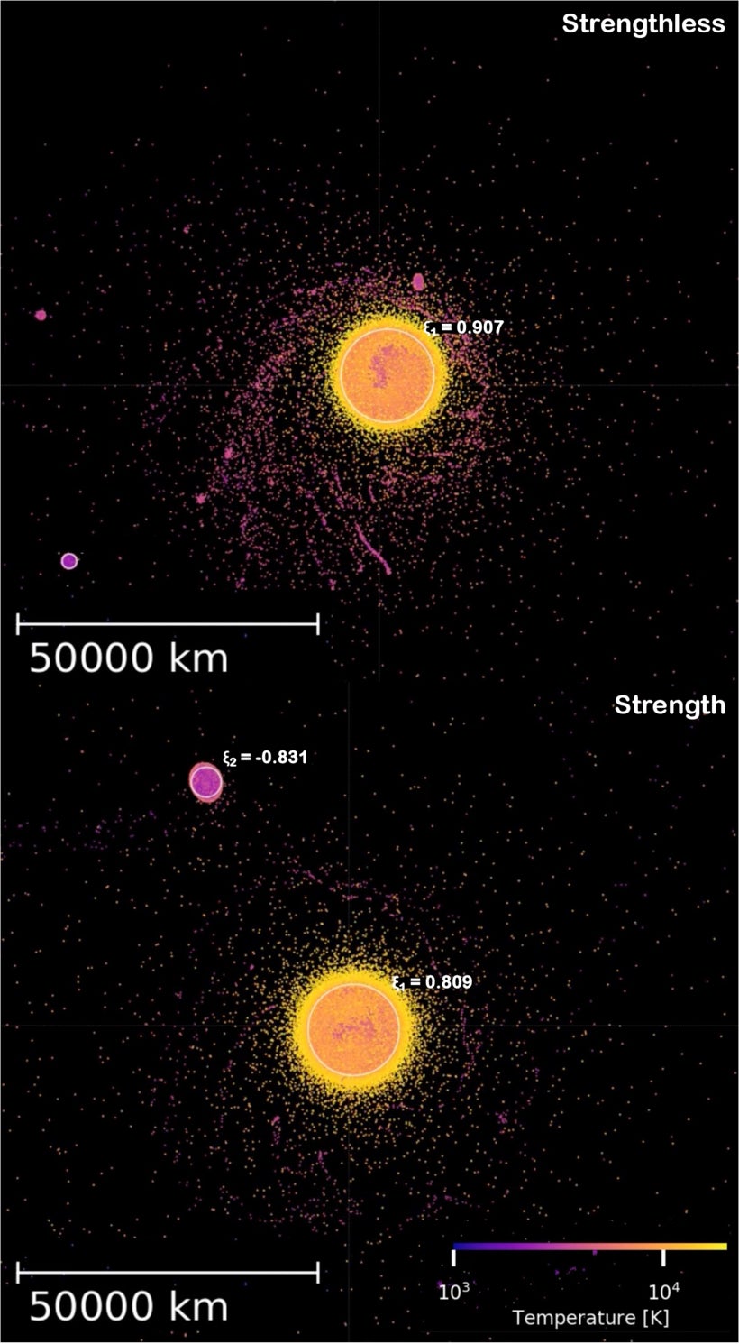 New modeling that accounts for material strength revealed fundamental changes in how the moon forms after a giant collision between a Mars-sized impactor and Earth. Simulations that neglect strength (top) produce a debris disk that forms the moon over time while those factoring in strength (bottom) can produce an intact moon right from the start.