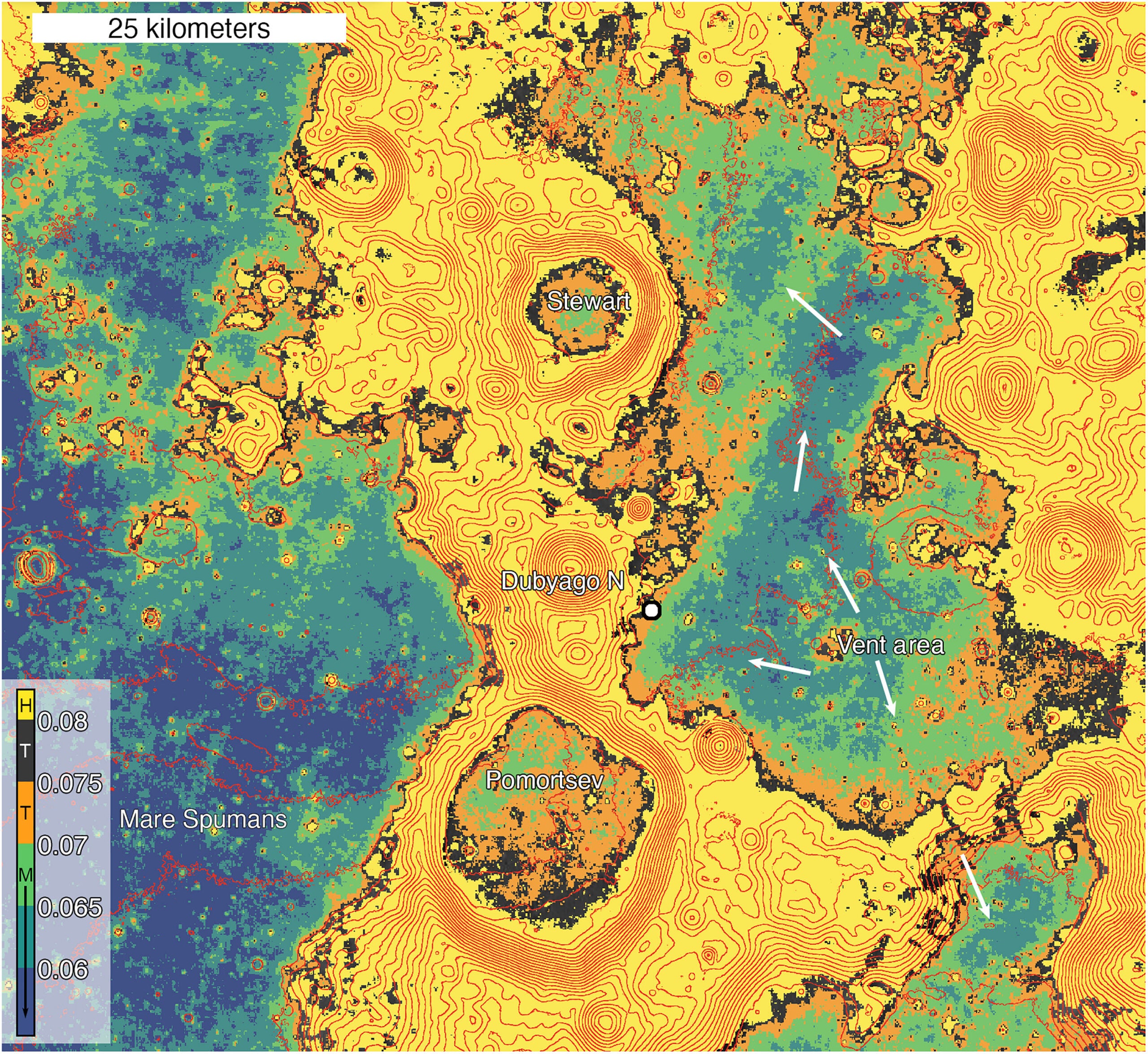 Regional geologic context map. Basemap colors represent WAC normalized reflectance [30° incidence angle, 0° emission angle, and 30° phase angle], 100 m topographic contours (red) from SLDEM. 