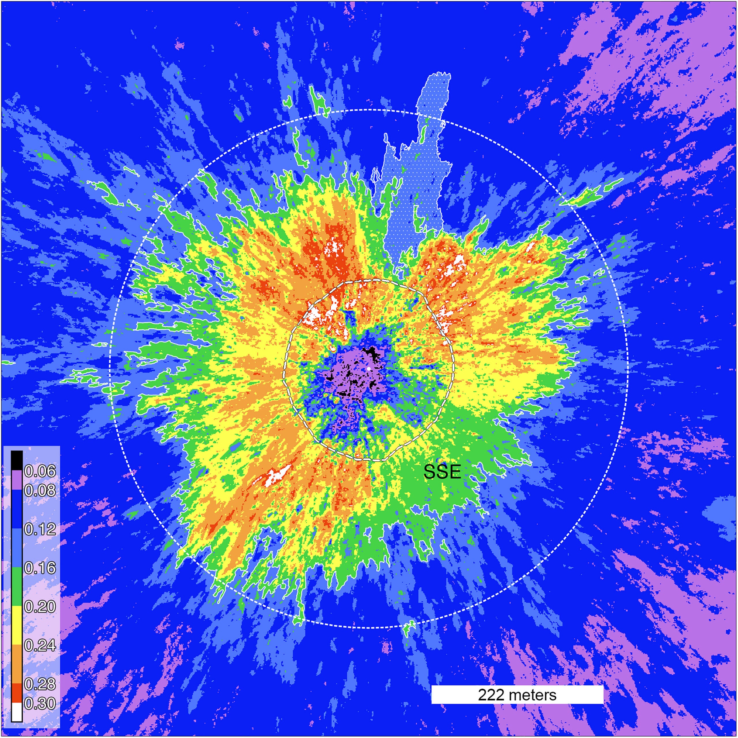 Color-coded binned reflectance values. Inner circle (dashed line) traverses crater rim, and outer circle indicates 2-crater radii from the crater rim. Outer edge of the >0.16 unit highlighted with white outline (interpreted as edge of continuous ejecta), northern tongue unit indicated with stipple pattern, and SSE locates the intermediate reflectance ejecta unit.