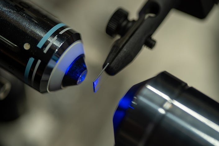 A sample of magnetic material undergoes optical switching.