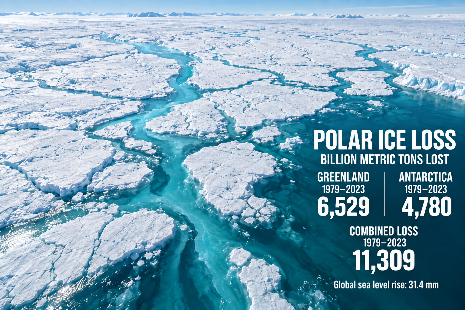 The graphic highlights cumulative ice loss from Greenland between 1972 and 2023, Antarctica between 1979 and 2023, their combined total, and the resulting contribution to global sea level rise.