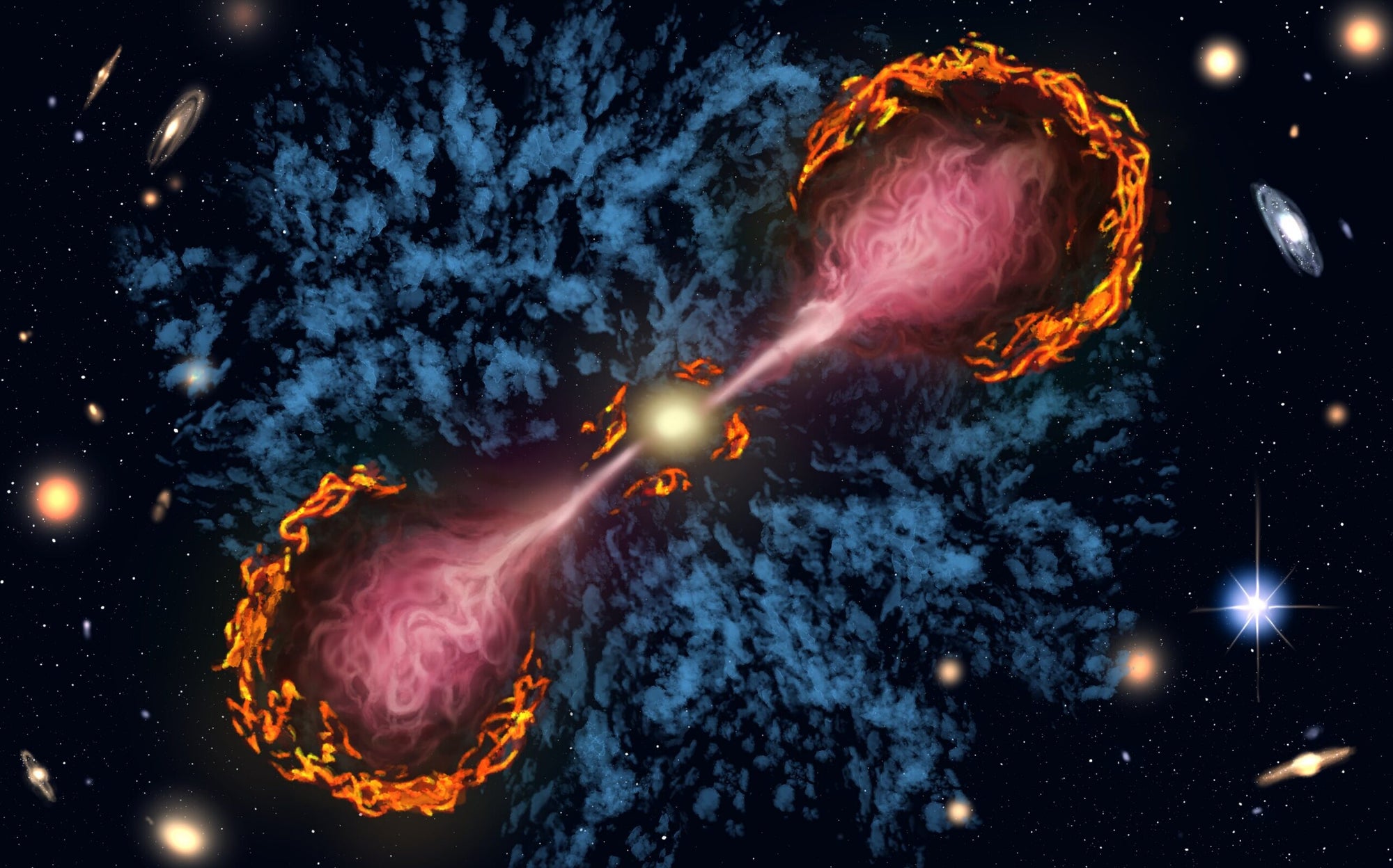 Supermassive black holes leave a glowing trail far beyond their host galaxies