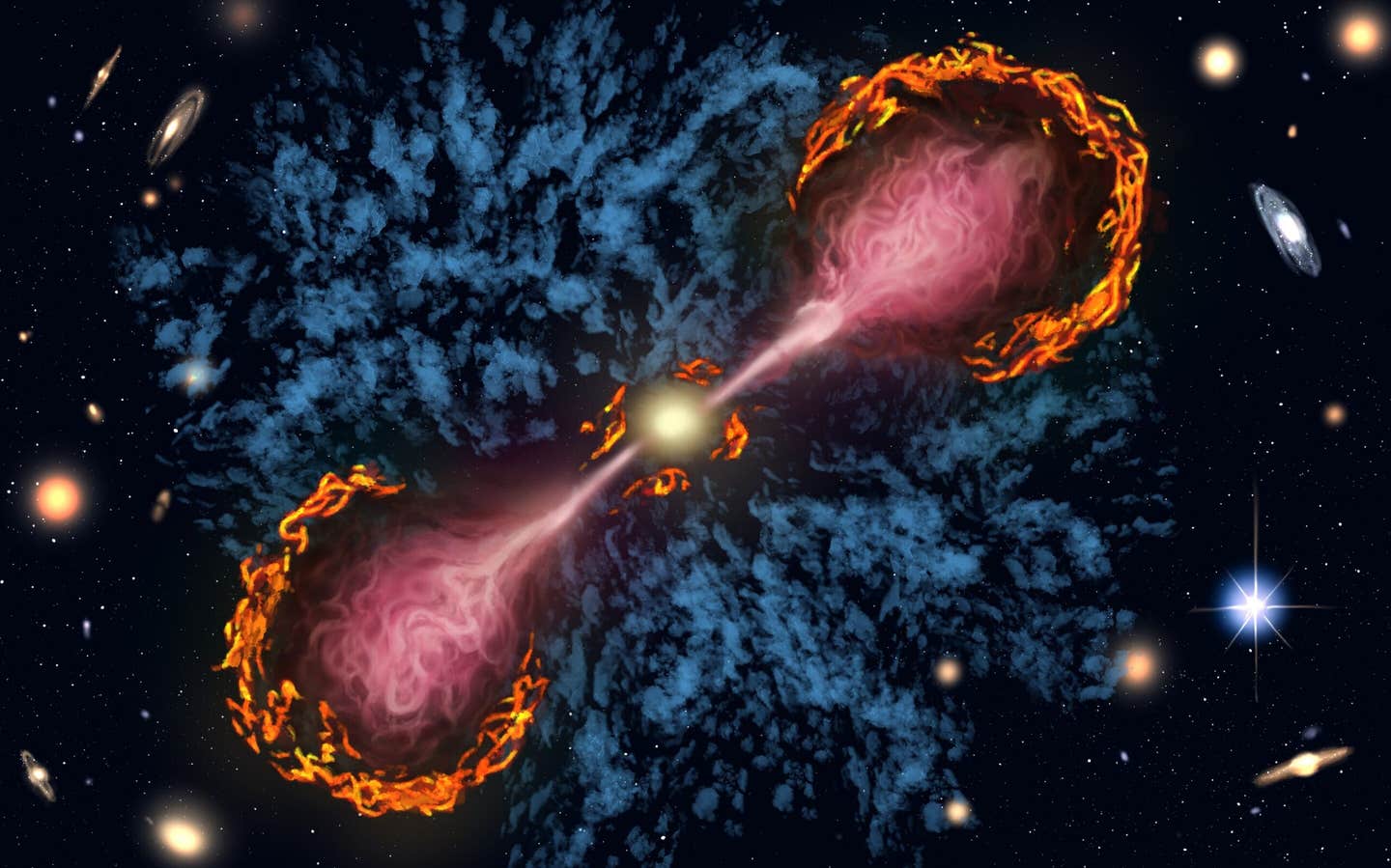 Artist's illustration of a supermassive black hole at the center of a radio galaxy launching powerful jets (shown in pink) all the way into the galaxy's CGM.