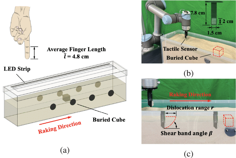 Overview of the experimental setup for tactile detection in granular media.