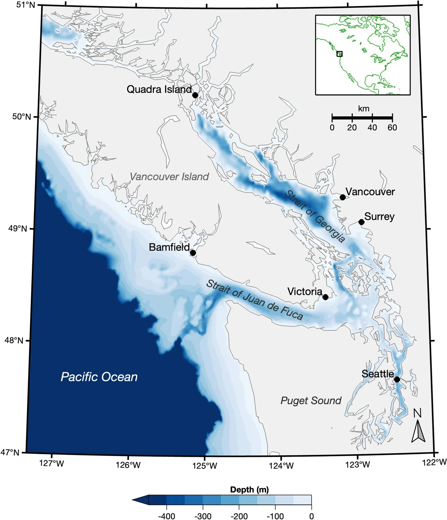Bathymetric map of the study area with an inset of North America. Collection sites are marked with black points. Primary basins of the Salish Sea include the Strait of Georgia, Strait of Juan de Fuca, and the Puget Sound