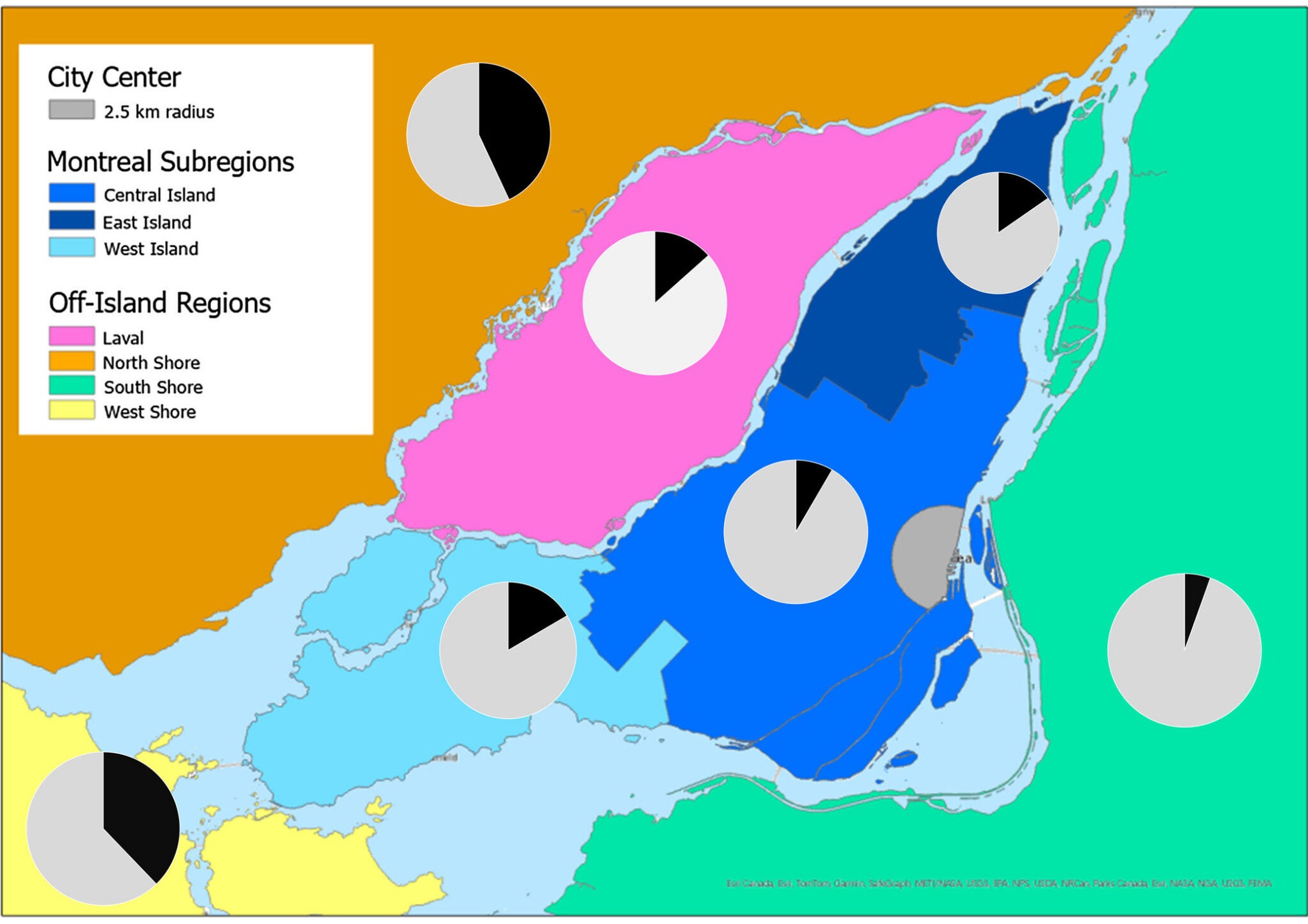 Boundaries of the major regions used in our study and proportion of melanic squirrels in the pooled data frame.