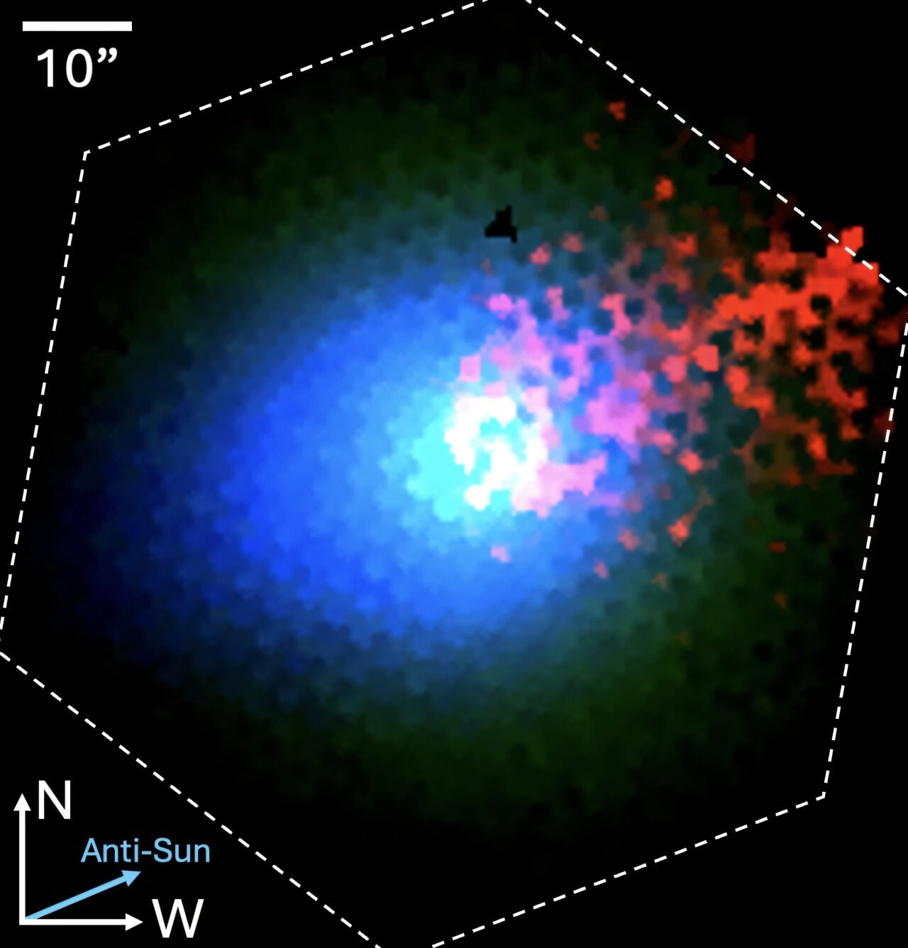 The different distributions of dust (blue), gas (green) and ions (red) in 3I/ATLAS.