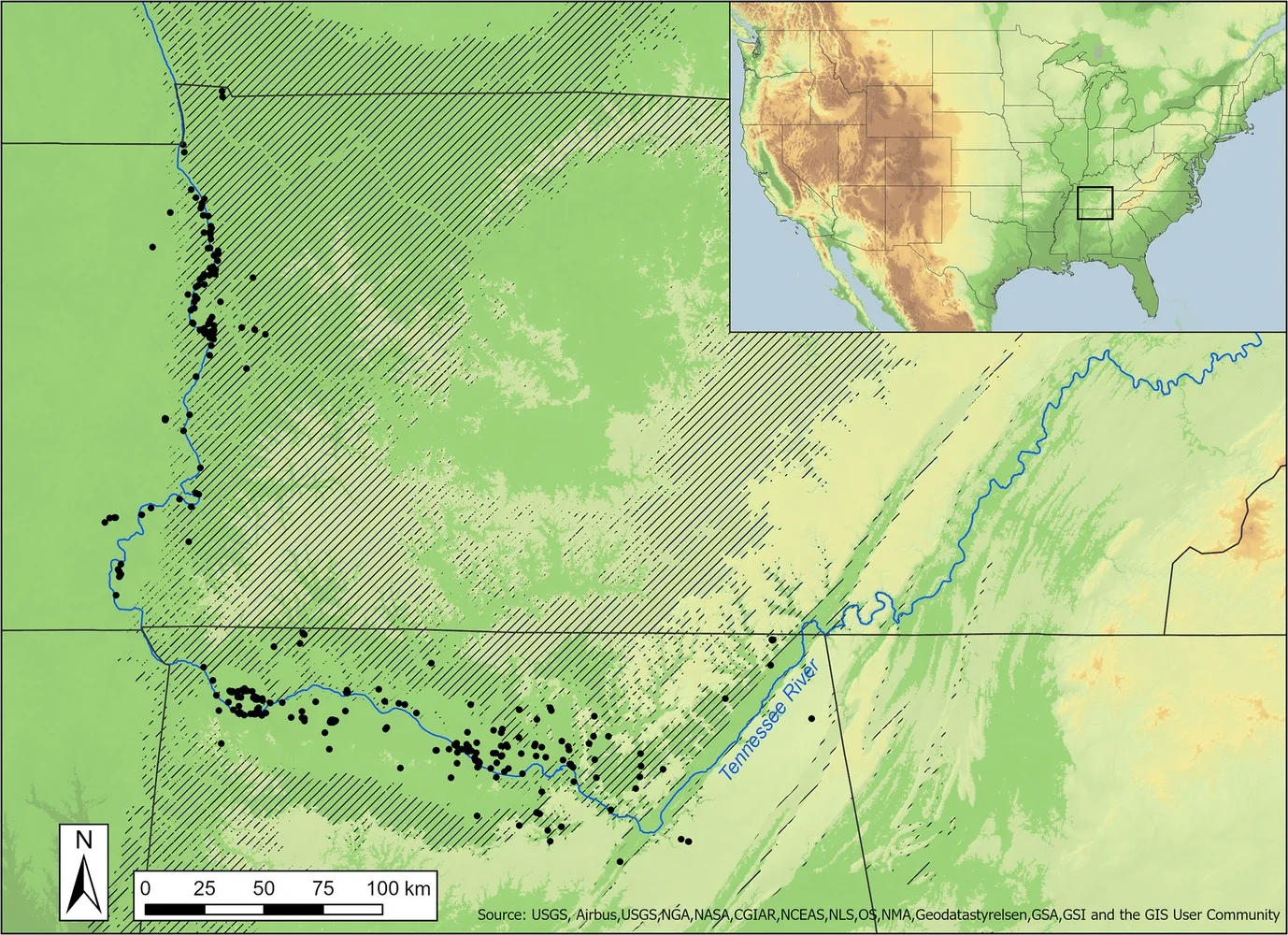 Map showing the location of the Tennessee River Valley and the distribution of Clovis and Cumberland points with known provenience data. Hatching indicates geologic deposits containing chert-bearing deposits.