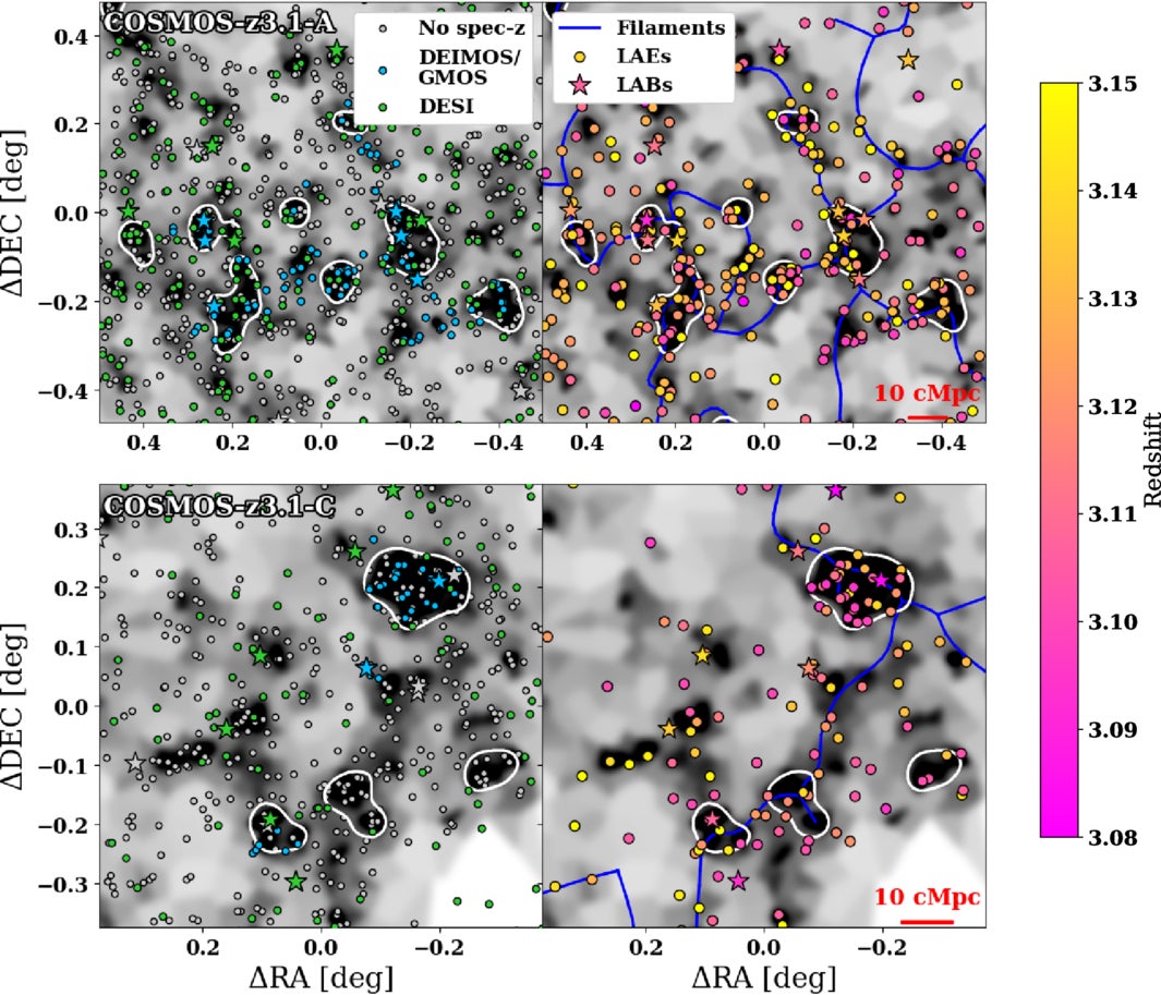 Spectroscopically confirmed sources for COSMOS-z3.1-A (top) and COSMOS-z3.1-C (bottom), overlaid on the 2D LAE surface density map. 
