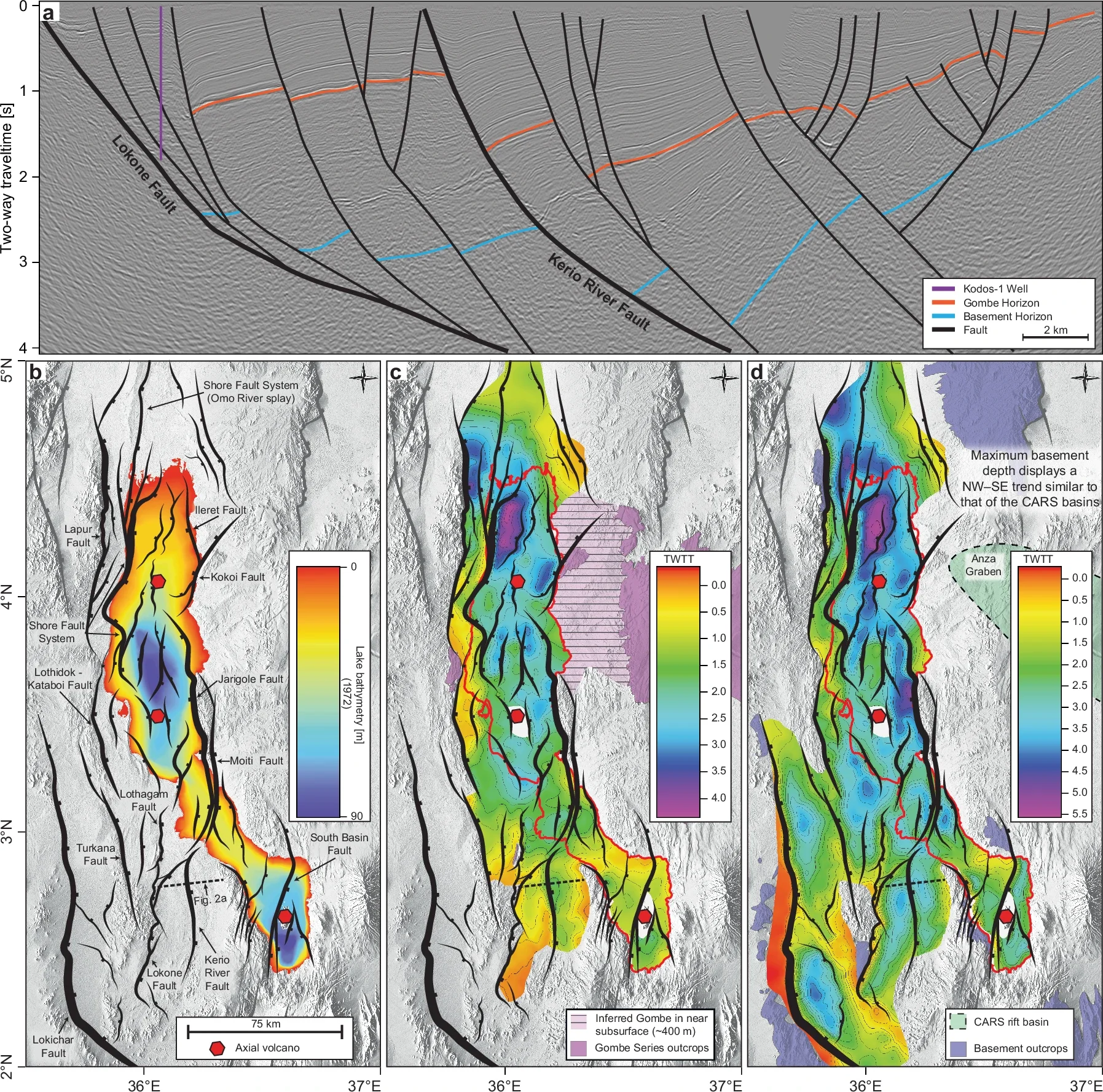 Seismic reflection profile, bathymetry, and horizon isopach maps of the Turkana Rift Zone.
