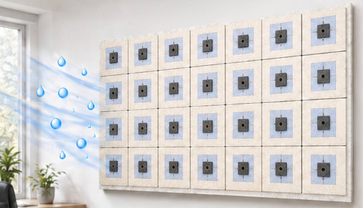 A paper-based wallpaper harvests electricity from indoor humidity and can power small electronics while helping regulate moisture.