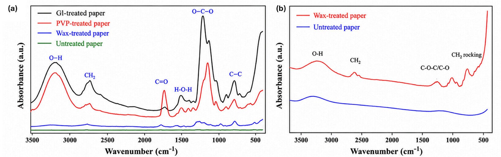 Chemical and elemental characterization of the treated paper regions and visualization of moisture absorption.