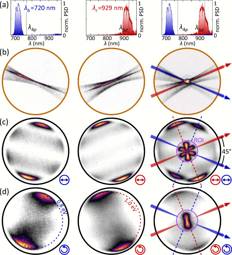 (a) Measured optical spectra. (b) VMI images recorded in spatial imaging mode for the colors individually and combined. VMI images recorded in momentum imaging mode for the (c) PLP and (d) COCP configurations for blue pulse (left), red pulse (center), and both pulses combined (right).