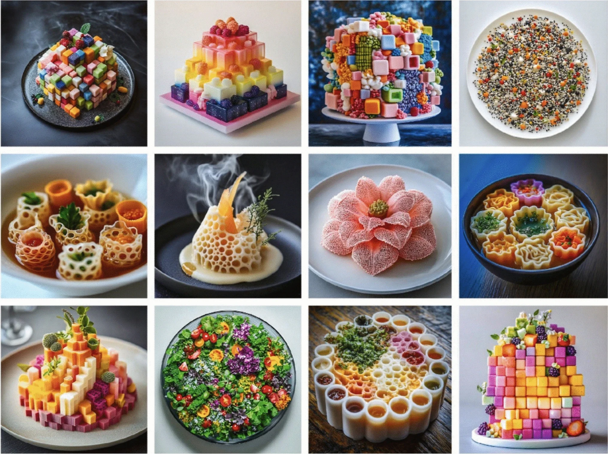 Midjourney gastronomic concepts. A collage of twelve digital gastronomy concepts, including speculative dishes generated with Midjourney.