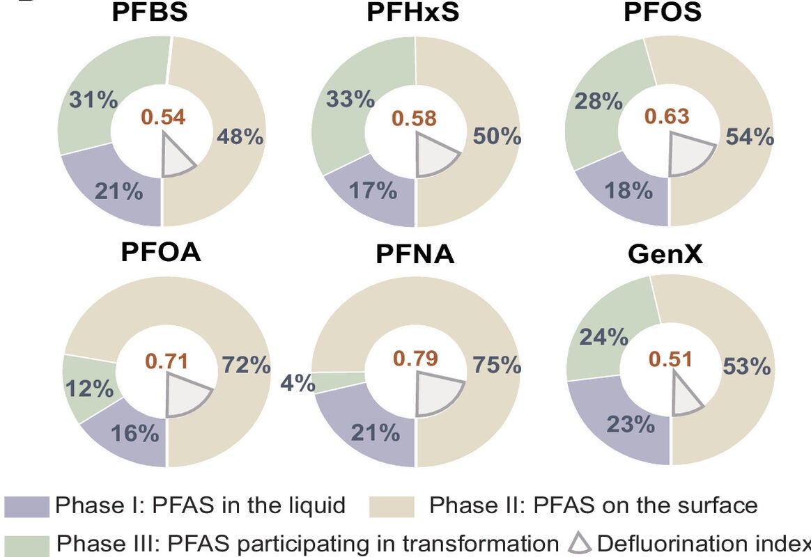Normalized proportion of the initial PFAS among the aqueous fraction, the methanol-recoverable surface fraction, and the transformation fraction at the end of batch tests.