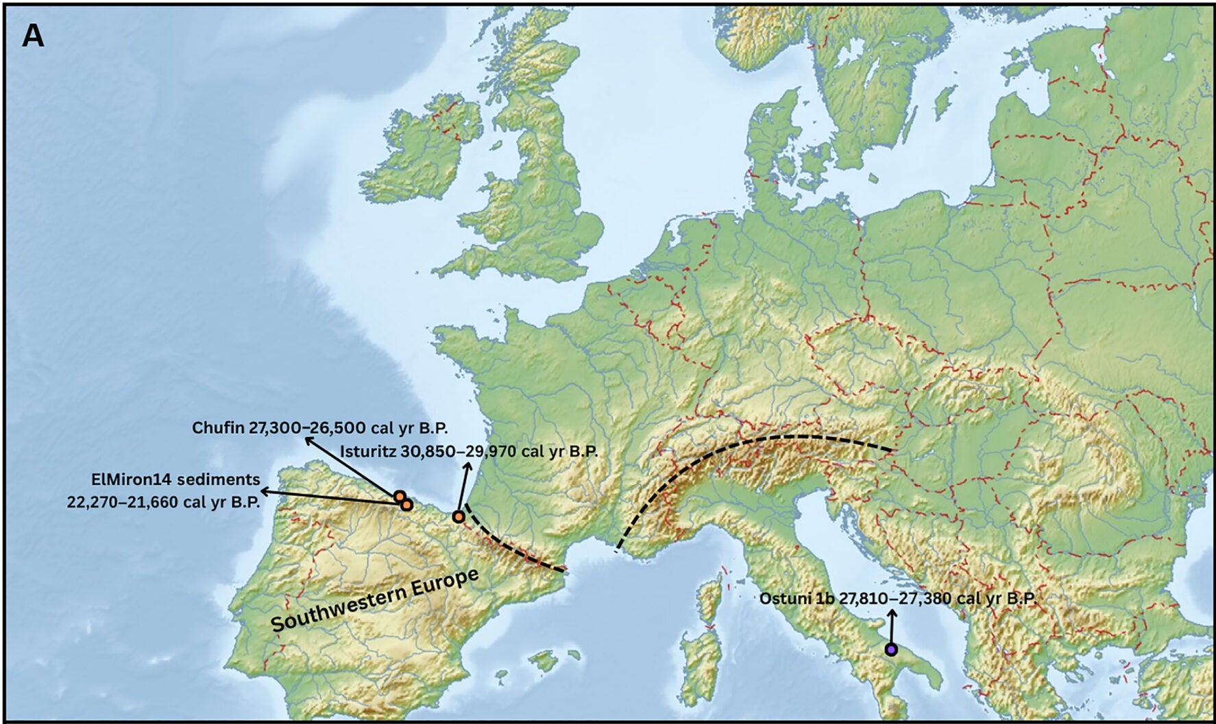 Genomic data from four new individuals from Gravettian and Solutrean cultures. (A) Location of the sampled individuals and estimated dates.