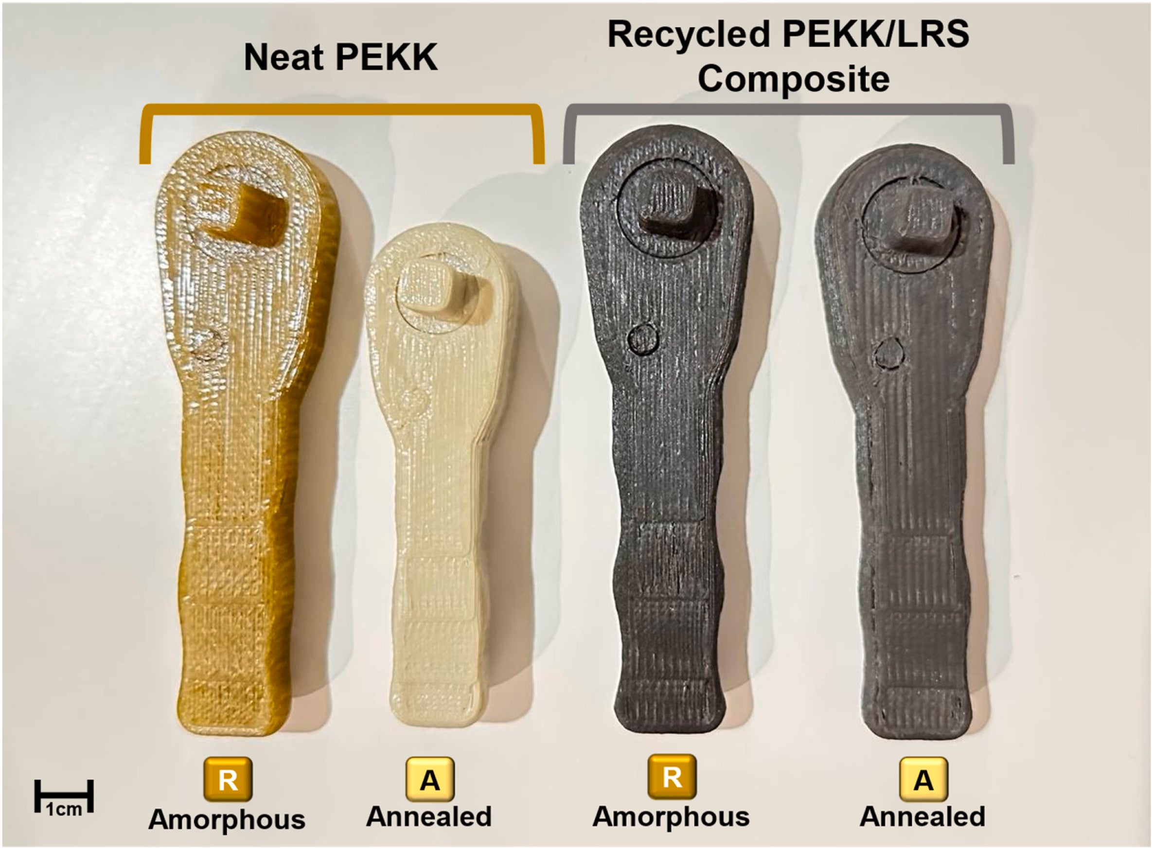 NASA-style ratchet wrench produced from neat PEKK and recycled PEKK/LRS composite, illustrating material reusability and adaptive design potential for sustainable manufacturing in lunar environment.