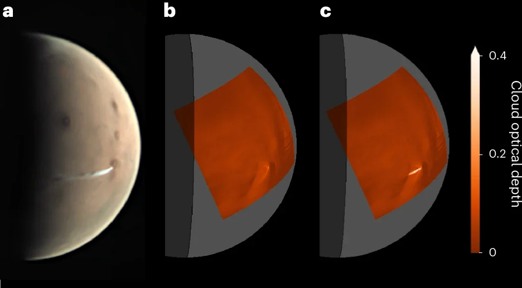 a, Observation by the Mars Express Visual Monitoring Camera imager, at 08:30 local time. b, A reference simulation assuming only heterogeneous nucleation, at 08:05 local time. c, Same as b, but with homogeneous nucleation added.