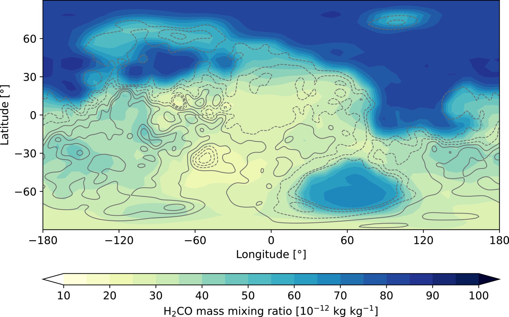 Surface mass mixing ratio of H2CO (10−12 kg kg−1) is determined from the lookup table using the conditions (Ps, Ts, qv, and UV flux) computed with the PMGCM. The amount of H2CO near the surface is the main factor influencing the net H2CO deposition flux that reaches the surface compared to high altitudes.