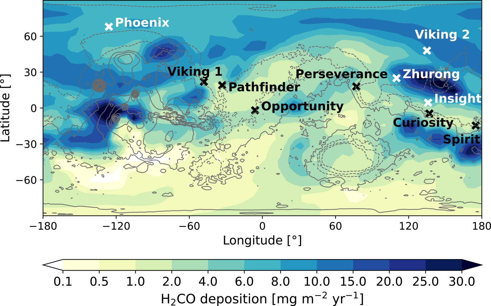Global distribution of annual H2CO deposition flux (mg m−2 yr−1) on present-day Martian topography with Mars rover landing sites. Text labels are shown in black or white to ensure optimal legibility against the background color.