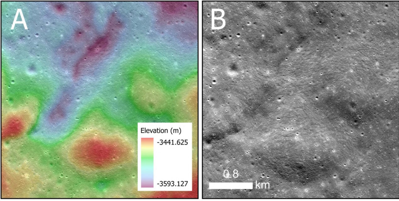 Lobate thrust fault scarps in the lunar highlands. (A),(B) The Pitiscus scarp (51.109°S, 31.18°) has a maximum relief of ∼56 m