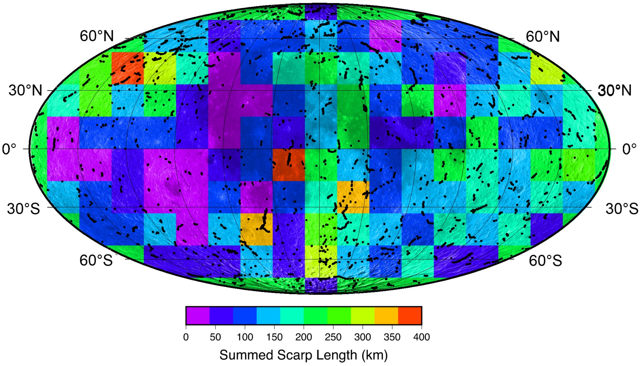 The sum of the lengths of the lobate thrust fault scarps is determined in 20° × 20° latitude, longitude bins. Lobate scarps are shown as black polylines. Long clusters of lobate scarps are often found where the cumulative lengths of scarps are highest (the Vitello cluster, for example). Areas where the cumulative scarp lengths are small lack long scarp clusters.