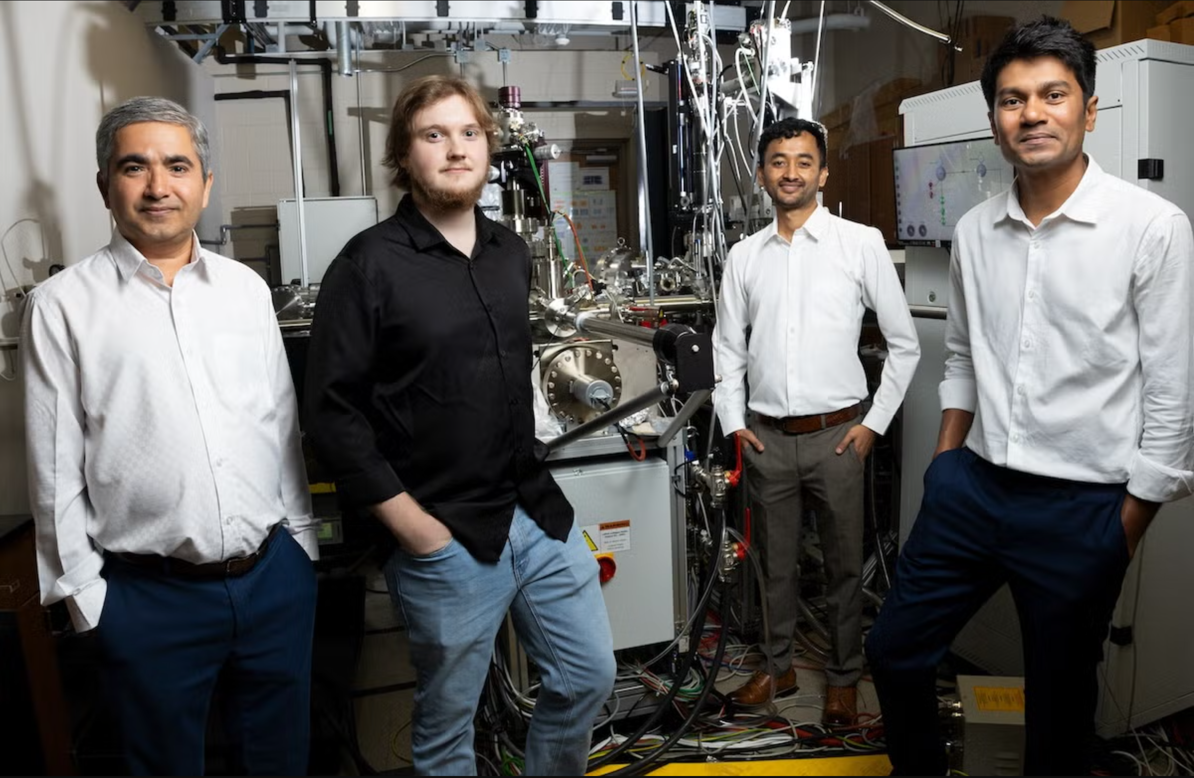 From left, UCF Professor Madhab Neupane, doctoral candidates Milo Sprague, Arun K. Kumay, and Mazharul Islam Mondal conducted research on altermagnetic materials. Their work is helping reveal new electronic properties that could advance future technologies. 