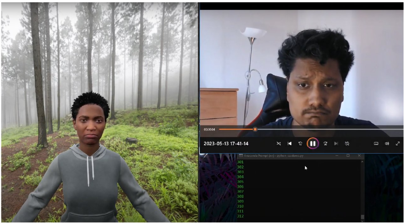 Screenshot of avatar trying to mimic the user’s facial expression using OpenFace from a recorded video.