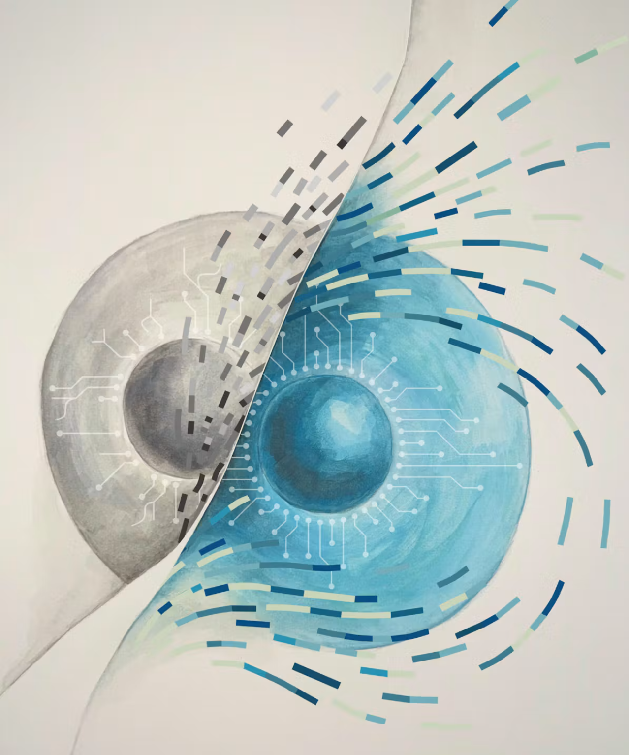 This illustration conceptualizes this reprogramming as a transition from an aged, muted cell to a rejuvenated blue cell, with transcript strands emerging in newly spliced configurations and circuit-like patterns symbolizing the functional rewiring of the transcriptome by a single RNA processing factor. 