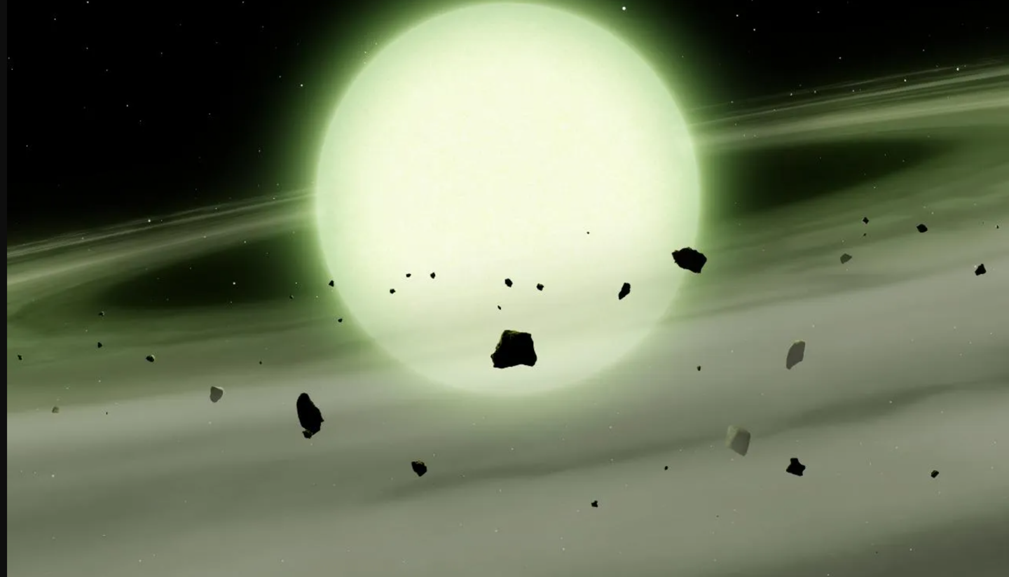 The cool white dwarf WDJ1330+6435 has accreted sodium-rich rocky material from its planetary system into its atmosphere. The immense atmospheric density causes the sodium to absorb light over broad range of yellow, orange, and red wavelengths, giving the WDJ1330+6435 a ghostly green appearance.