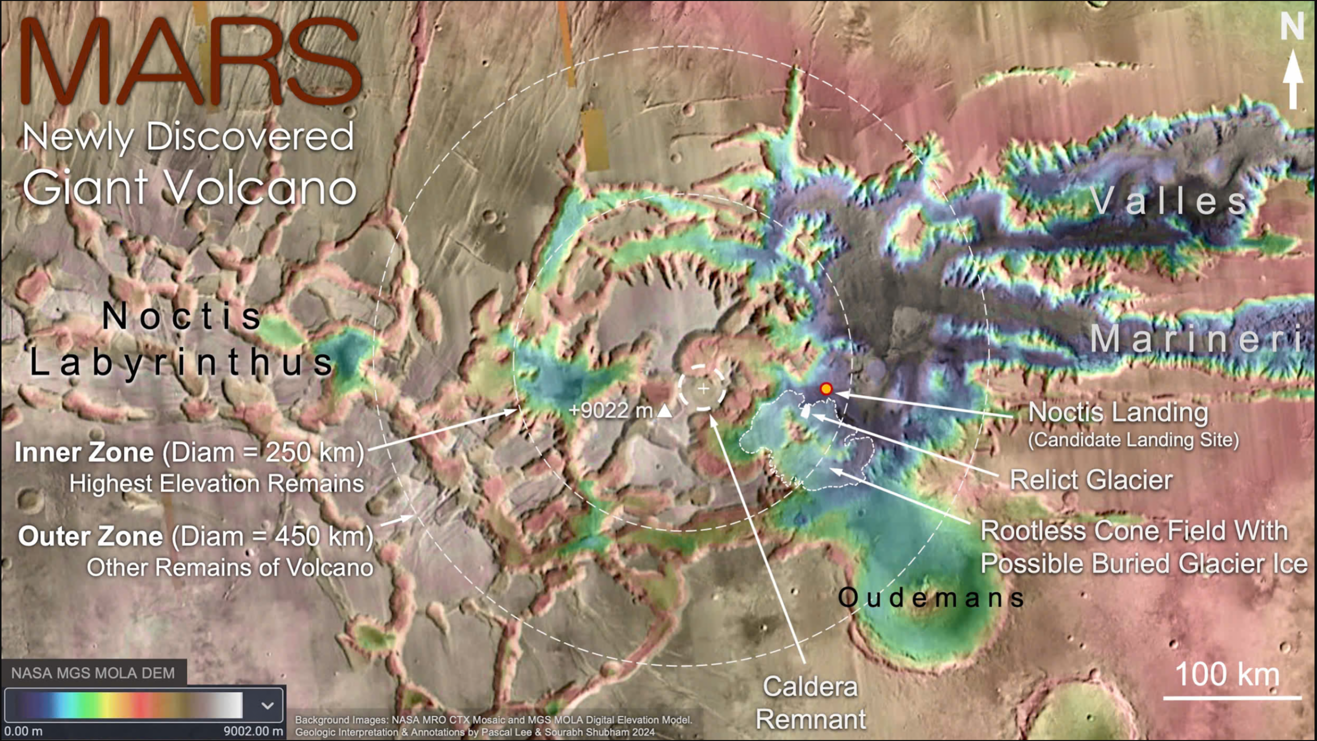 Topographic map of Mars’ Noctis volcano, whose unusual shape was sculpted by extensive fracturing and erosion.