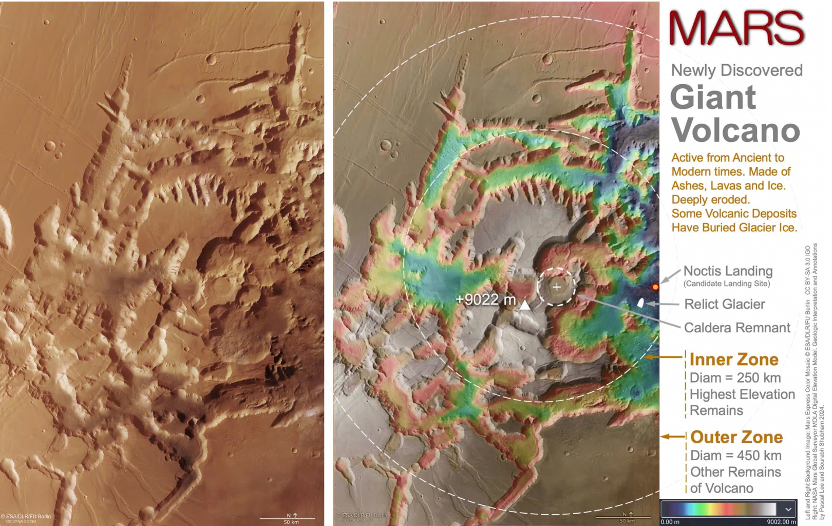 NASA and ESA spacecraft imagery and elevation data revealed the massive Noctis volcano hidden within Mars’ rugged terrain. 