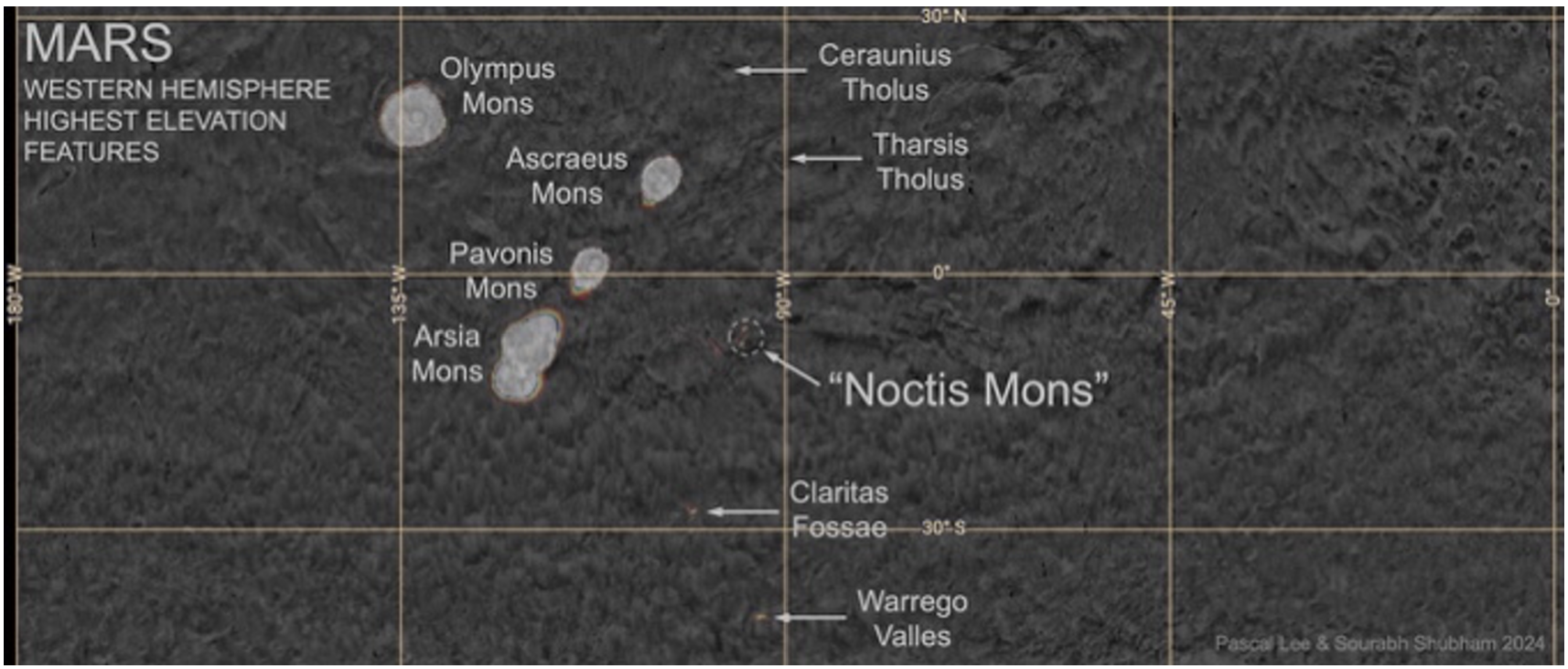 Topographic map highlighting Noctis Mons, a towering Martian volcano reaching 9,028 meters and ranking as the planet’s seventh-highest elevation feature. 
