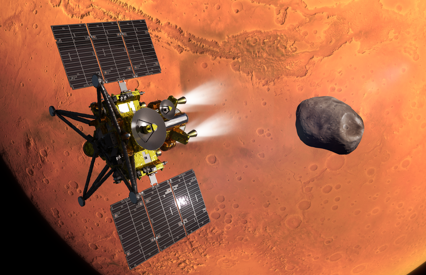 An artist’s concept of JAXA’s MMX spacecraft during its Mars’ orbit insertion. The Martian moon Phobos, which MMX will explore and sample, is in the background.