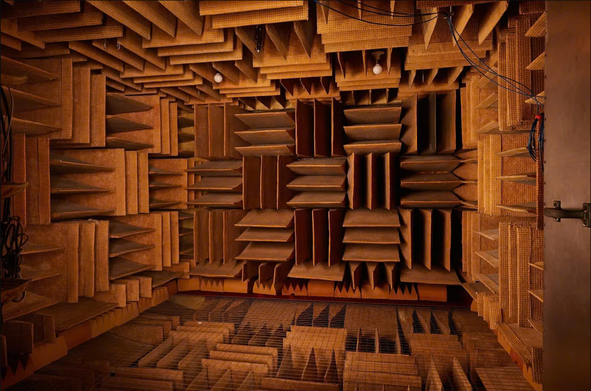 Orfield Laboratories’ anechoic chamber, one of the world’s quietest rooms, absorbs 99.99% of sound.