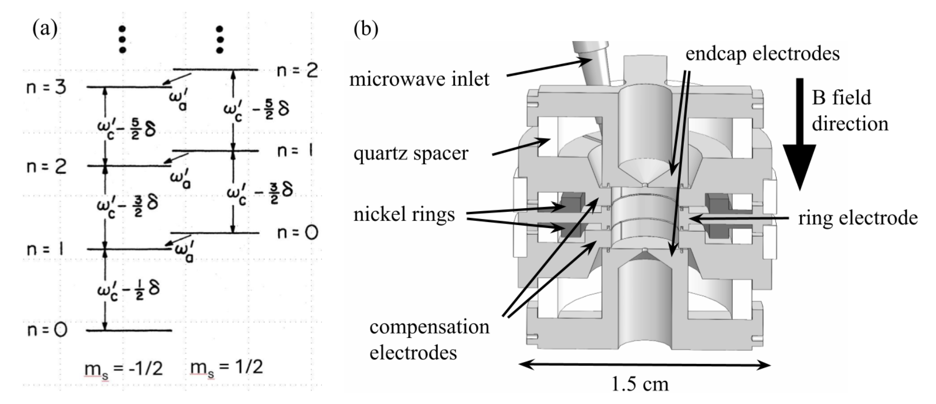(a) Energy levels of a one-positron quantum cyclotron. (b) Trap electrodes that confine the positron.