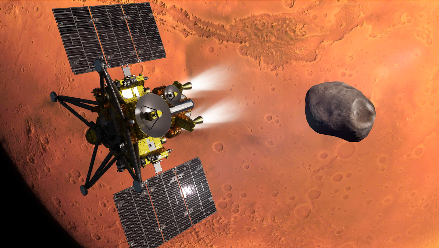 An artist’s impression of JAXA’s MMX spacecraft entering orbit around Mars, with Phobos, the mission’s target for exploration and sample collection, in the background.