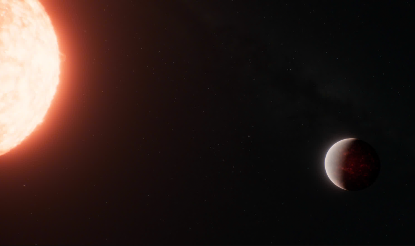 This artist’s concept shows what the hot super-Earth exoplanet TOI-561 b and its star could look like based on observations from NASA’s James Webb Space Telescope and other observatories. Webb data suggests that the planet is surrounded by a thick atmosphere above a magma ocean.