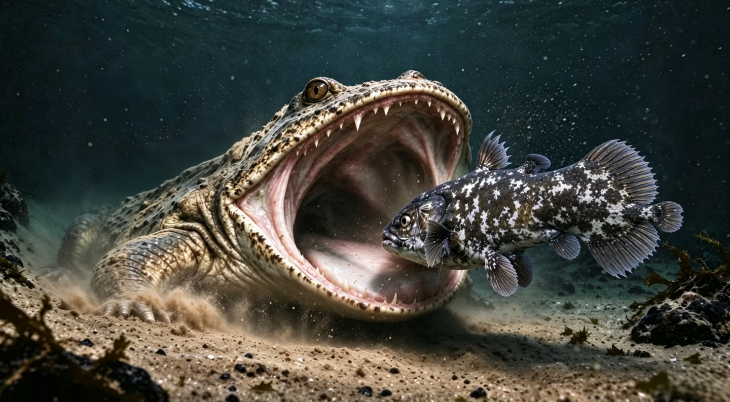 An illustrated rendering of Gerrothoroax maritumus, informed by newly discovered fossil evidence of the creature, which is the first fully marine amphibian on record. The rendering was partially created with AI assistance, which was used to adjust lighting, brightness, fish skin and amphibian skin.