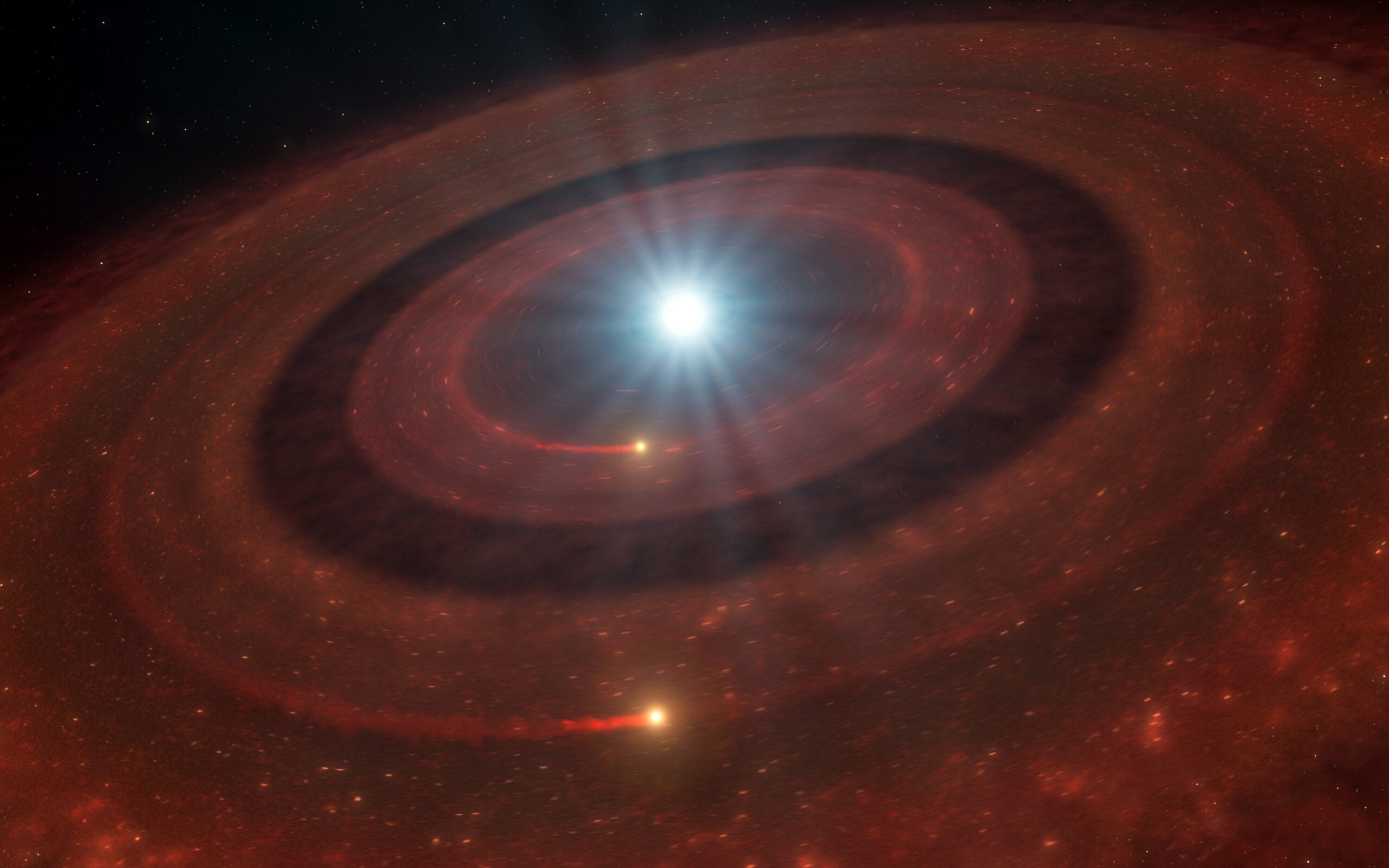 This illustration shows a debris disc around the white dwarf J1328−1450 –– the dead core of a star similar to our Sun that expelled its outer layers at the end of its lifetime.